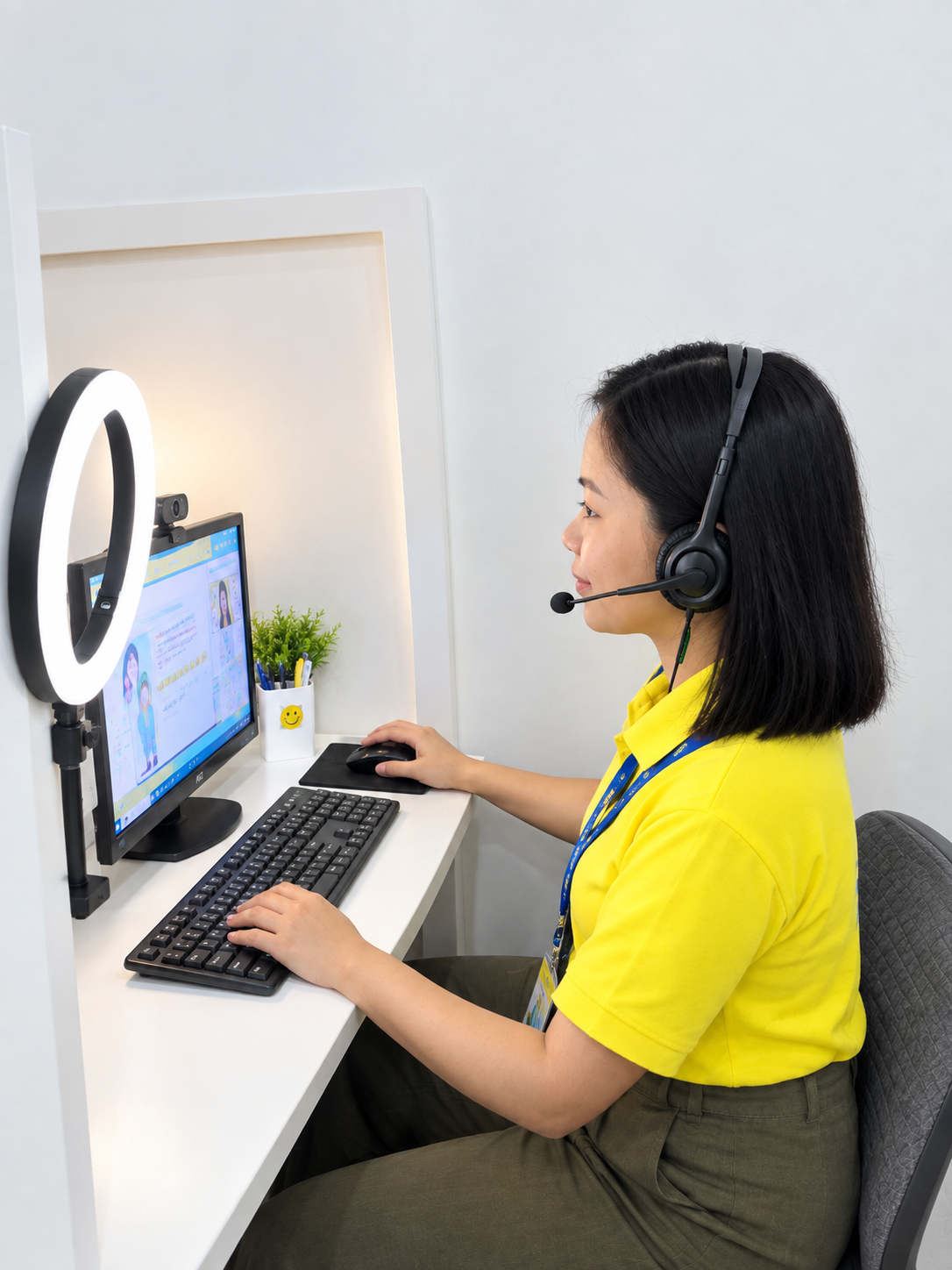 Talking Mills teachers wearing headsets and yellow polos working together in the office